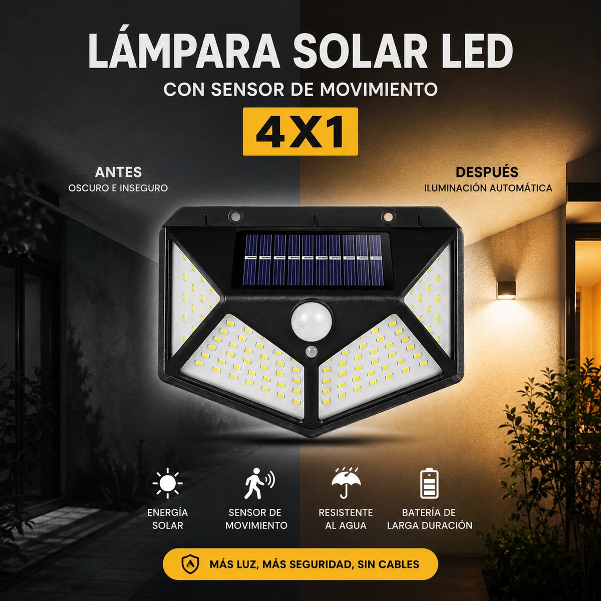 (4X1) SolGuard - Ilumina y Protege tu Hogar sin Cables