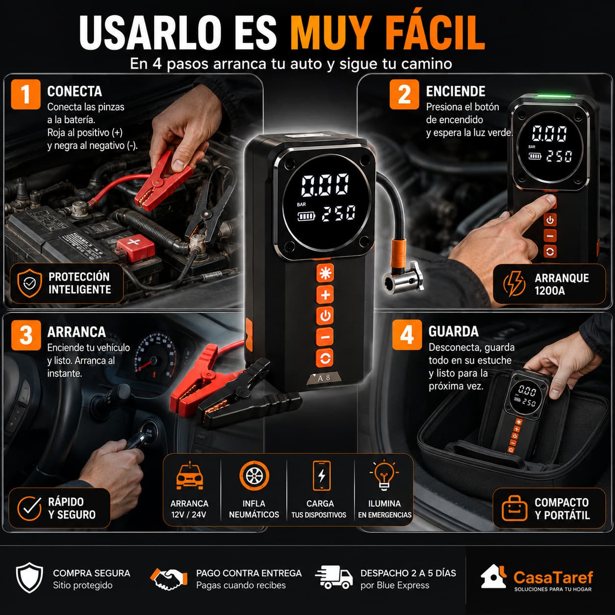 PowerStart 4en1 — Arranca, Infla, Carga e Ilumina desde tu Maletero