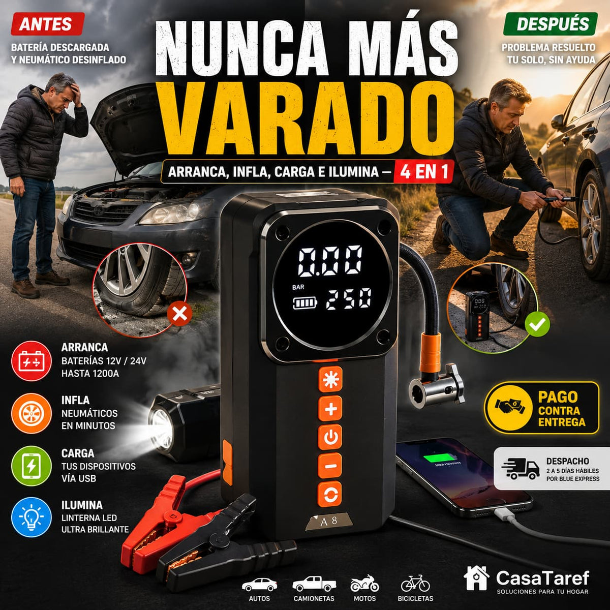PowerStart 4en1 — Arranca, Infla, Carga e Ilumina desde tu Maletero