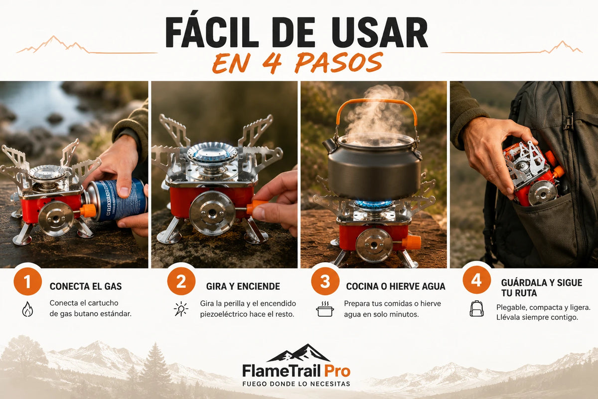 FlameTrail Pro — Cocina a Gas Potente Que Cabe en Tu Bolsillo