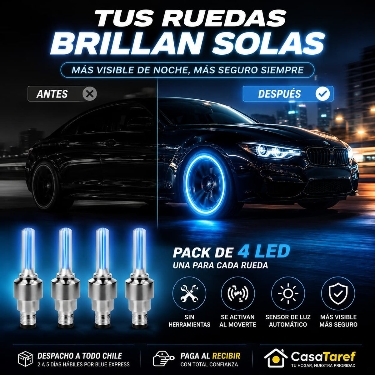 WheelGlow Pro - 4 Luces LED para tus Ruedas, 1 Solo Precio