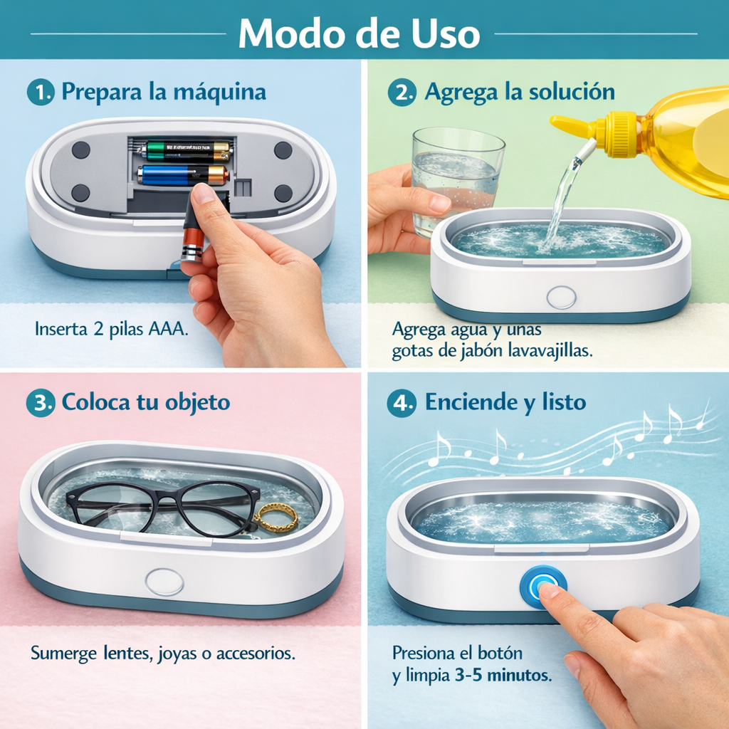 Limpiador Ultrasónico Portátil – Limpia tus lentes y joyas en segundos, sin frotar