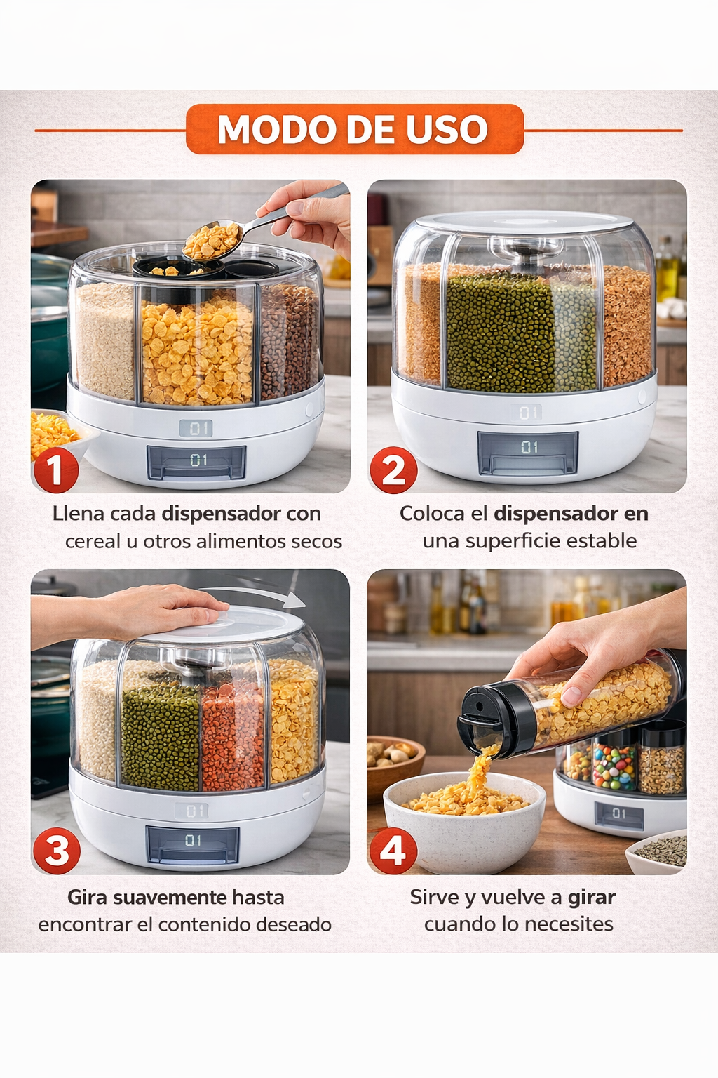 Dispensador Giratorio de Cereales – Acceso Rápido – Cocina Ordenada Todos los Días