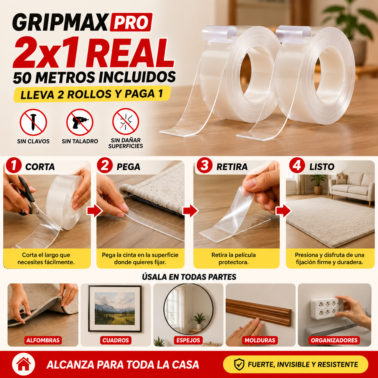 GripMax Pro — Pega Todo Sin Clavos Ni Tornillos: 50 Metros Incluidos