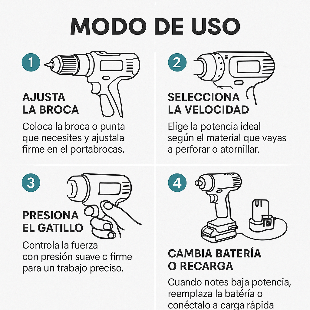 Taladro Inalámbrico M-Casa – Mandril Metálico Firme – Potencia Segura para Trabajos en Minutos