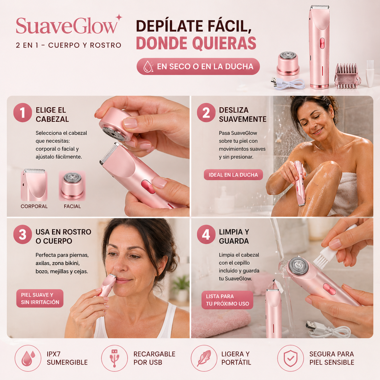 SuaveGlow — Rasuradora Íntima 2 en 1 sin irritación