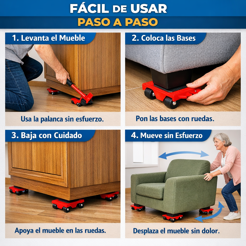 Kit Movedor de Muebles – Eleva y Desliza – Mueve muebles pesados sin dolor en minutos