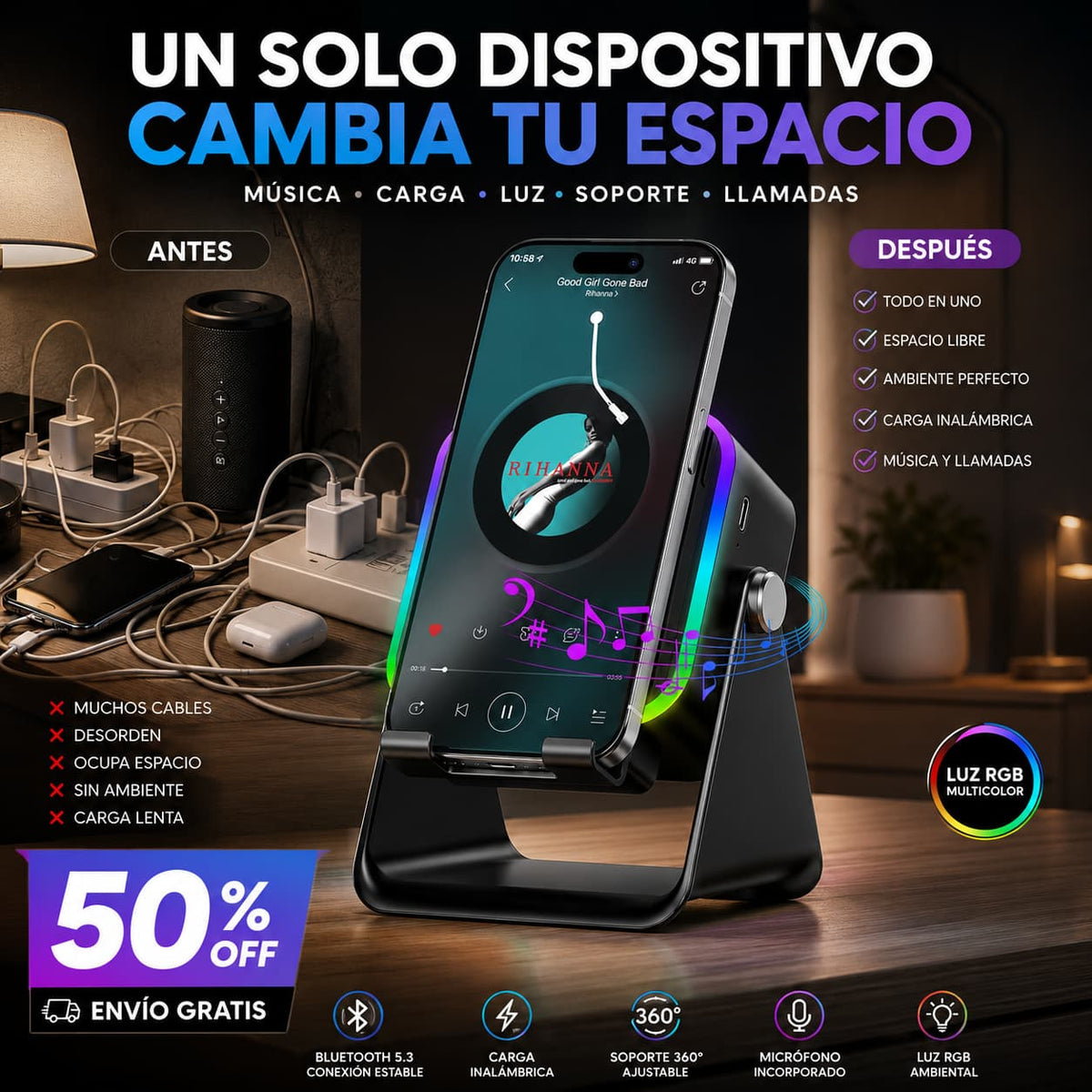 SoundBase 5en1 — Tu Música, Tu Carga y Tu Luz en Un Solo Lugar