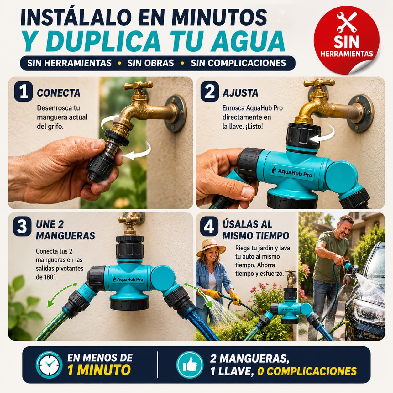AquaHub Pro - Conecta 2 Mangueras a la Vez Desde Una Sola Llave