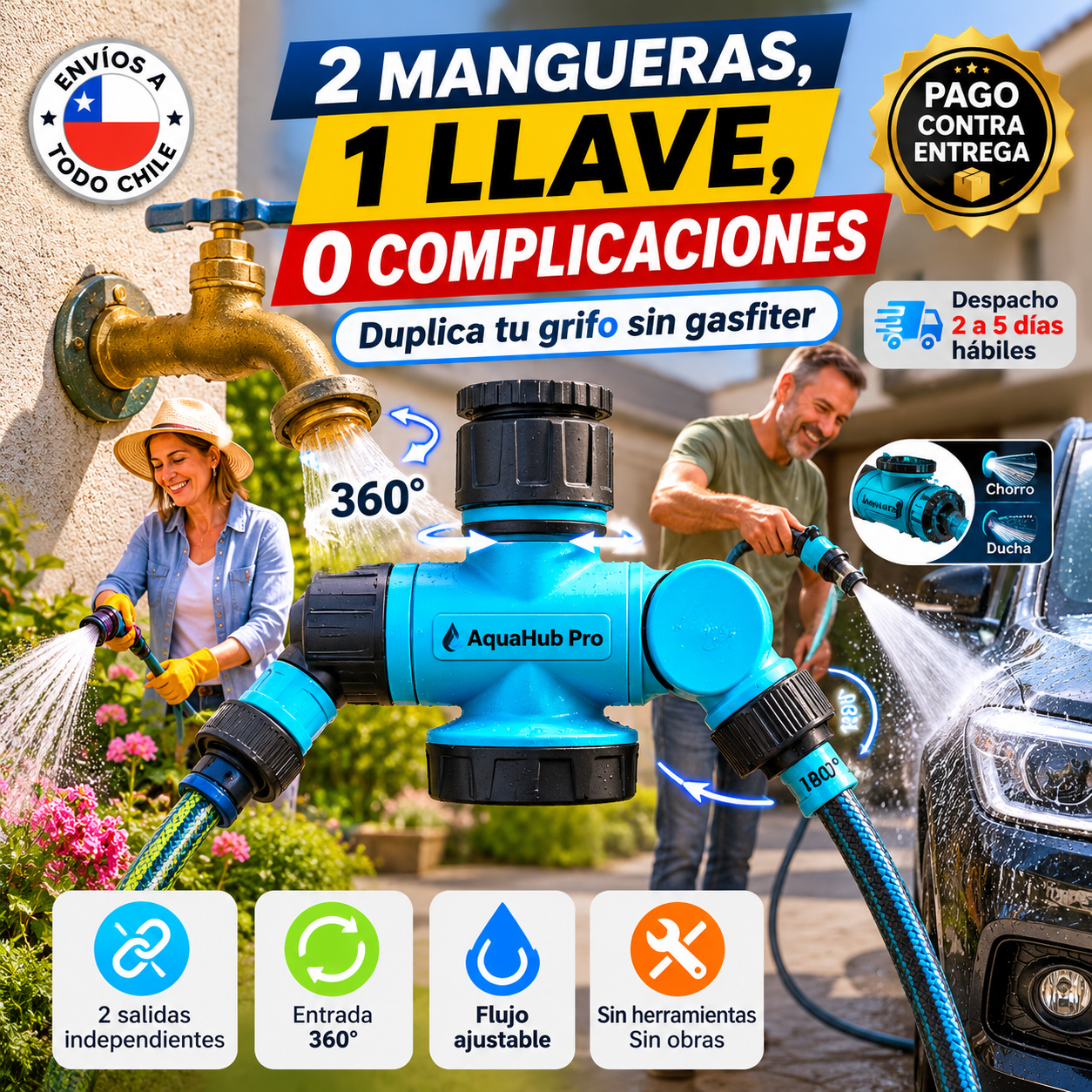 AquaHub Pro - Conecta 2 Mangueras a la Vez Desde Una Sola Llave