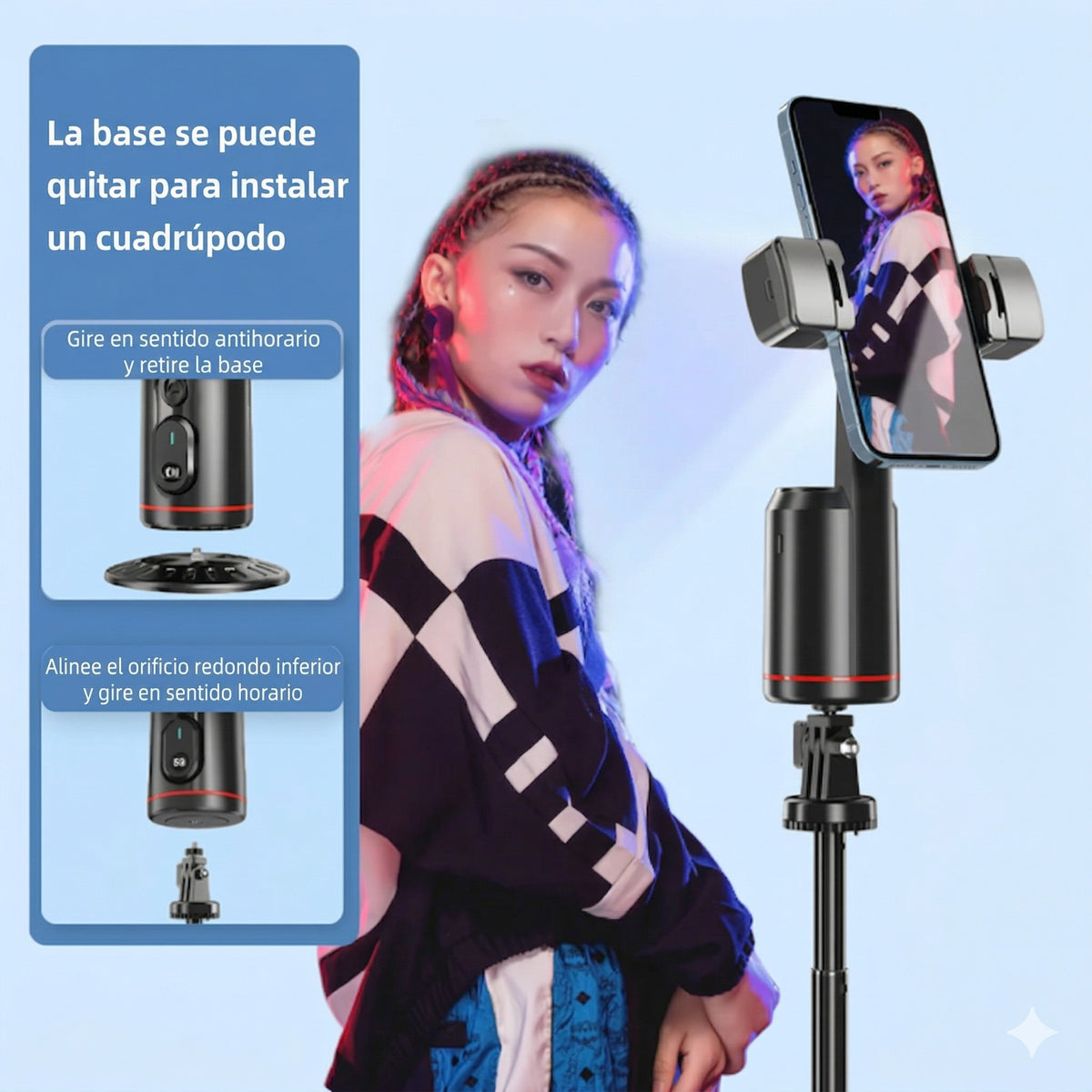 Soporte IA con Seguimiento 360° – Graba Solo y en Movimiento – Tus Videos Perfectos Sin Ayuda de Nadie